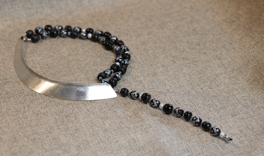 Echoes of Time Asymmetrical Antique Black Coral and Pearl Choker Necklace and Earrings