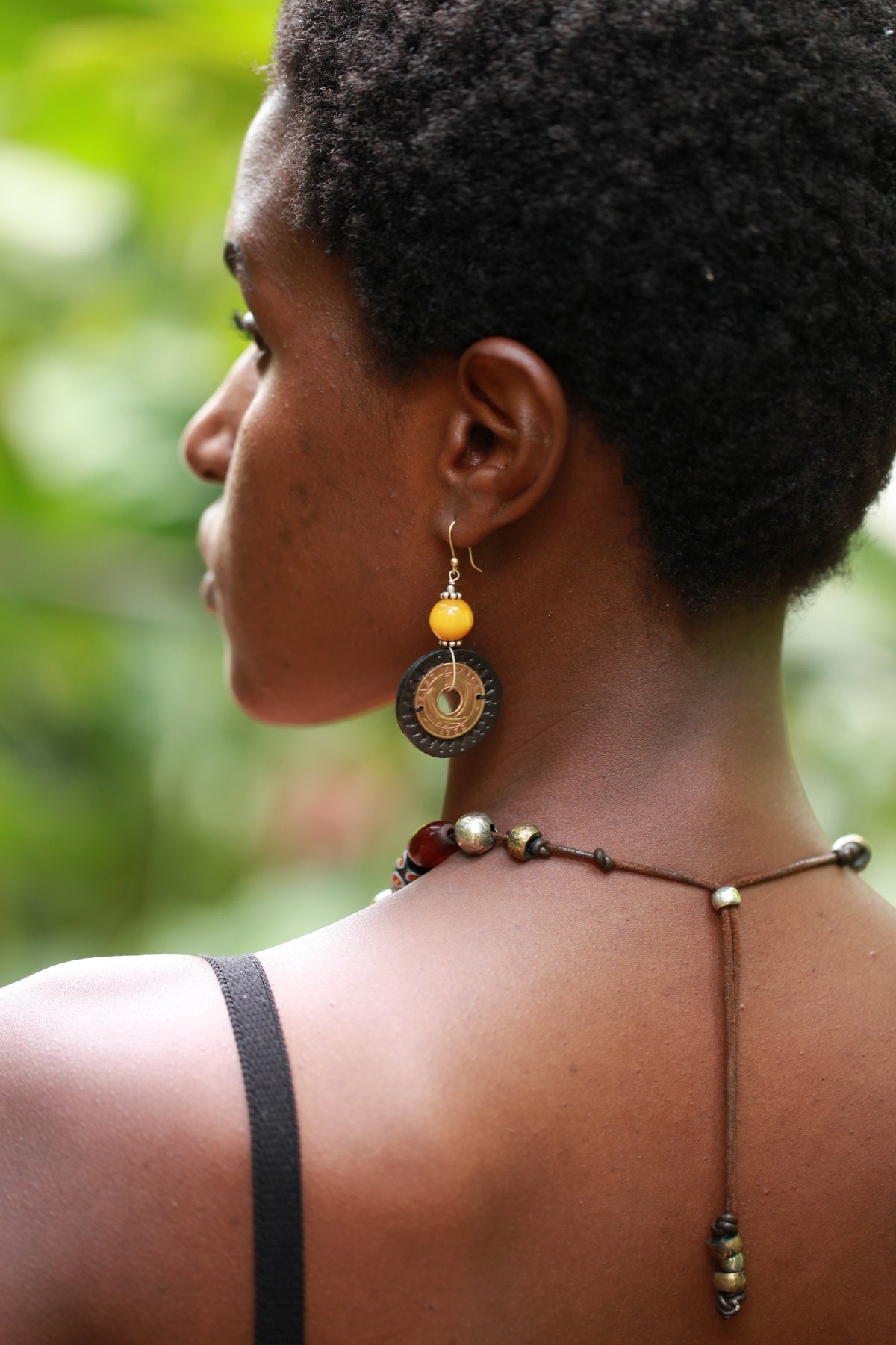 1 Cent Copper Coin Earrings with Amber and Leather