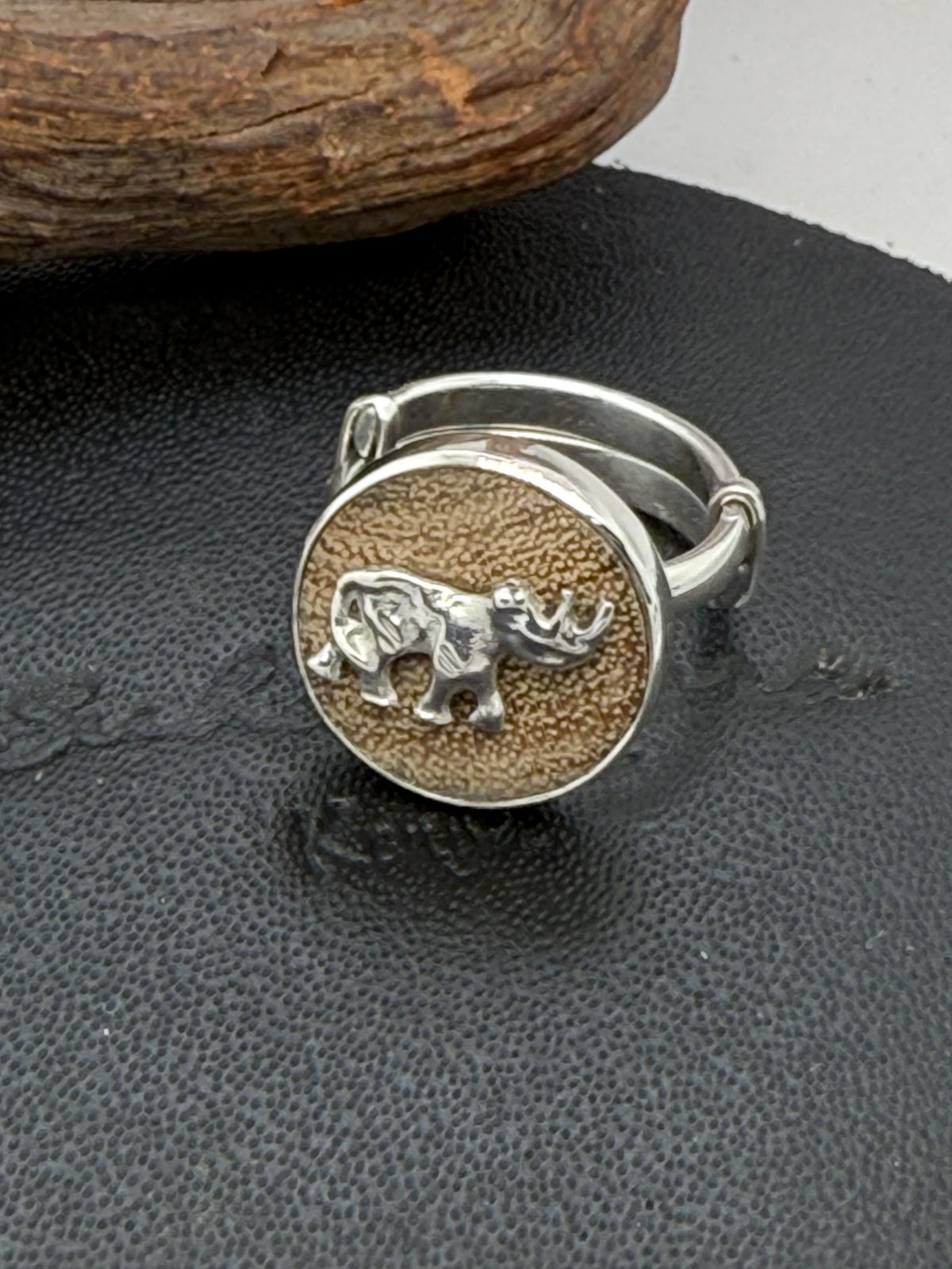 Yellow-Barked Acacia Wood and Sterling Silver Rhino adjustable ring 