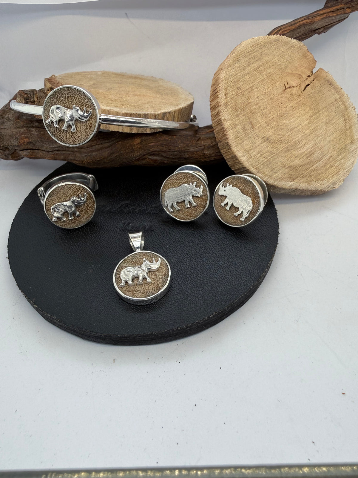 Yellow-Barked Acacia Wood and Sterling Silver Rhino earrings studs