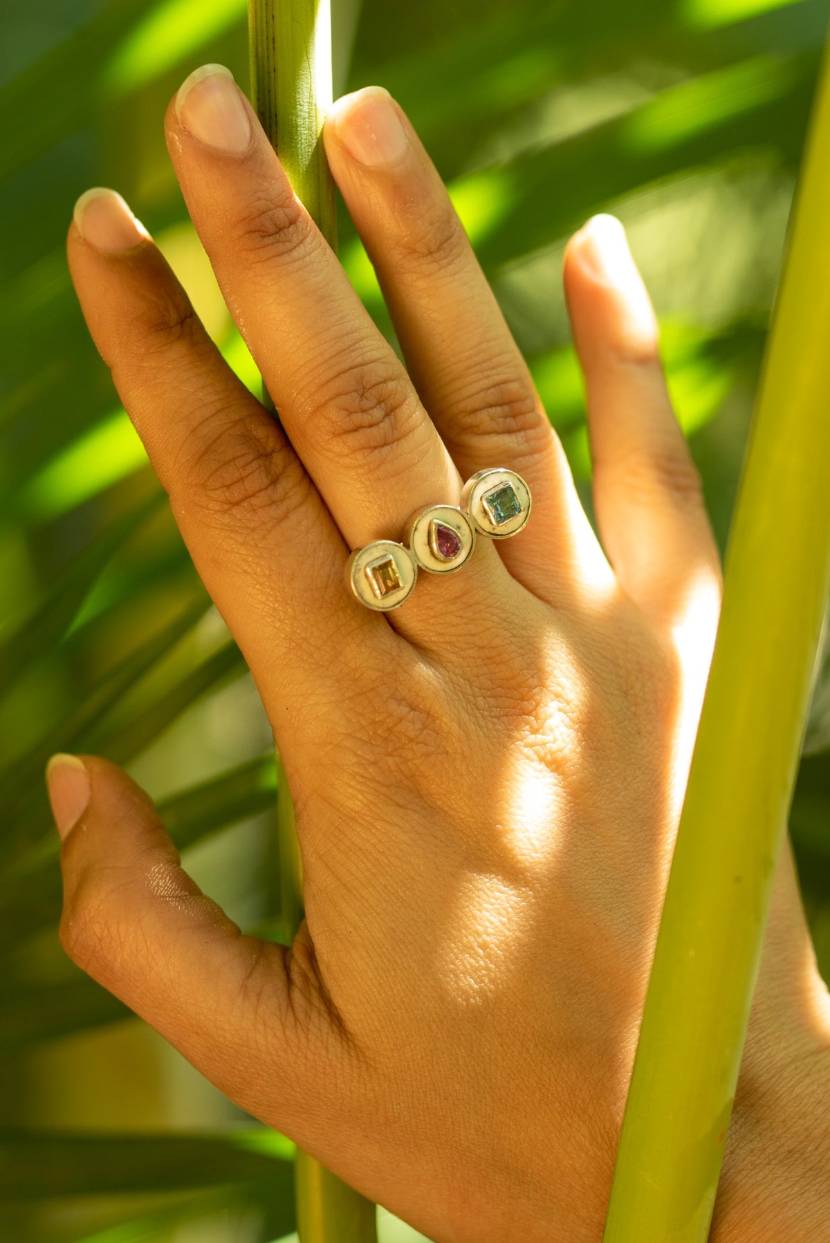 Sterling Silver Ostrich Eggshell Ring with Three Stones