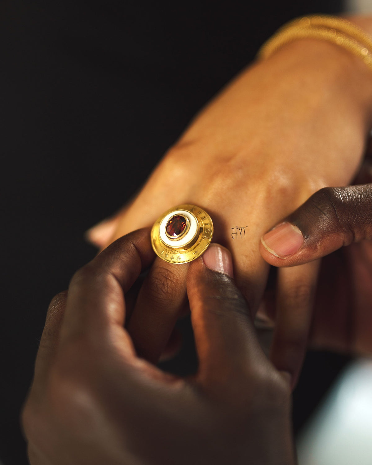 Sterling Silver Gold Plated Ostrich Eggshell Coin Ring with Garnet
