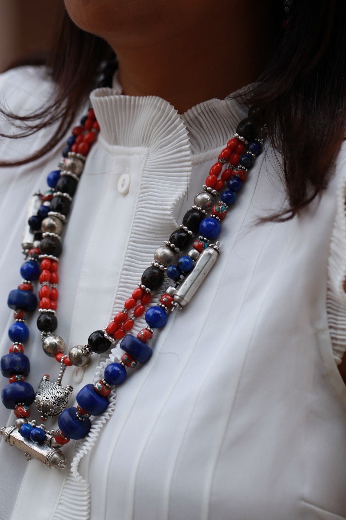 Echoes of Time Necklace with Upcycled Antique Beads, Coral and Lapis Lazuli