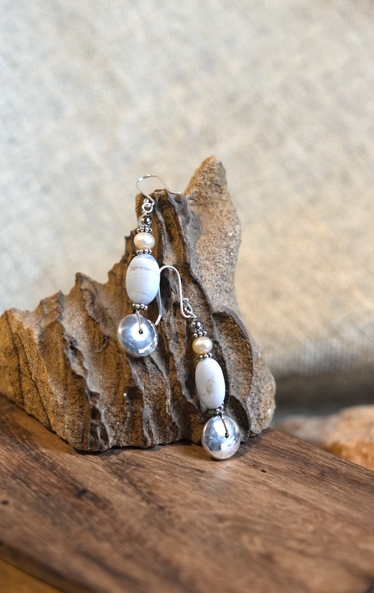 Refined Pearl and Blue Lace Agate Earrings