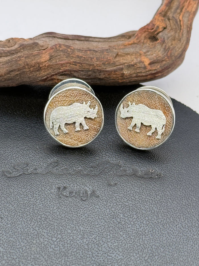 Yellow-Barked Acacia Wood and Sterling Silver Rhino earrings studs