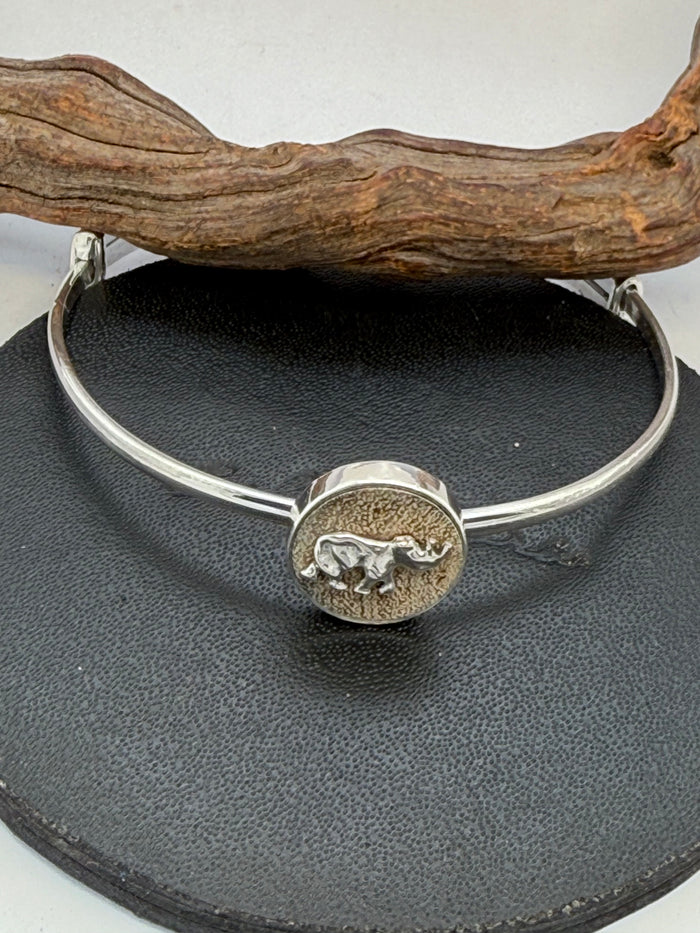 Yellow-Barked Acacia Wood and Sterling Silver Rhino adjustable half round bangle