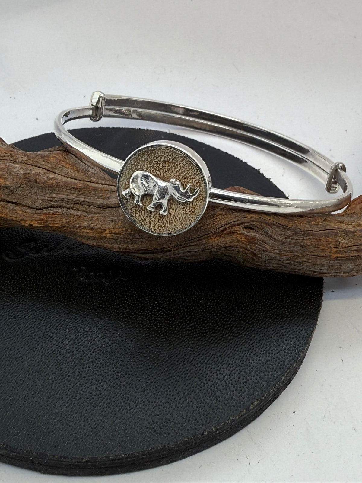 Yellow-Barked Acacia Wood and Sterling Silver Rhino adjustable half round bangle