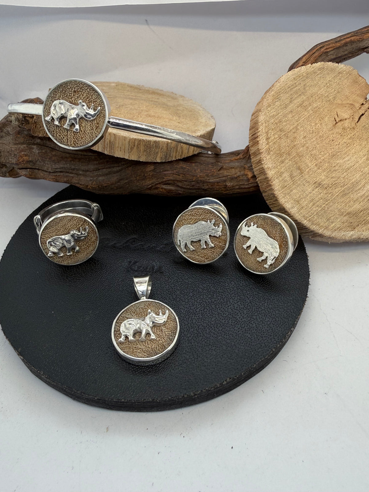 Yellow-Barked Acacia Wood and Sterling Silver Rhino adjustable half round bangle