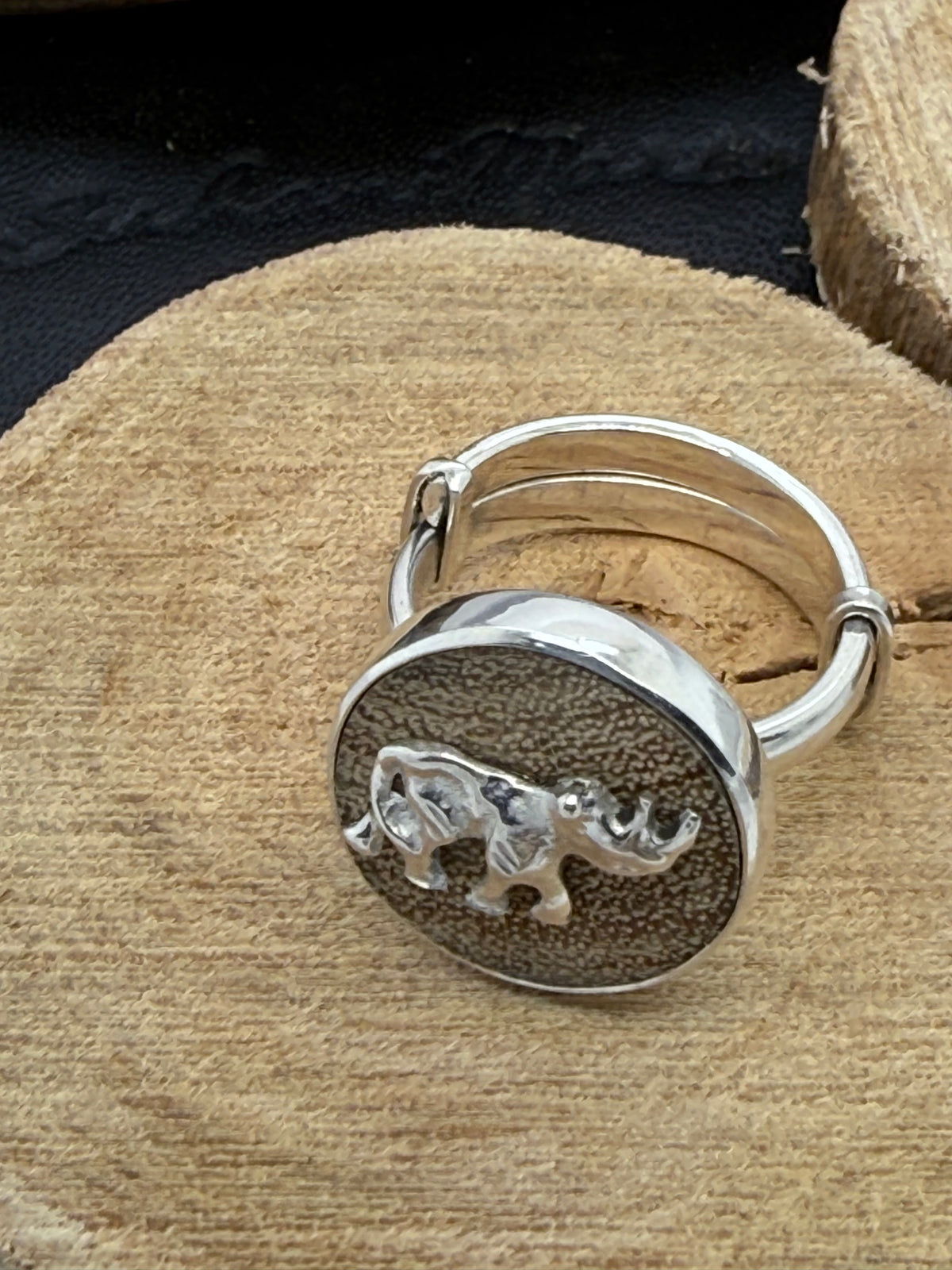 Yellow-Barked Acacia Wood and Sterling Silver Rhino adjustable ring&nbsp;