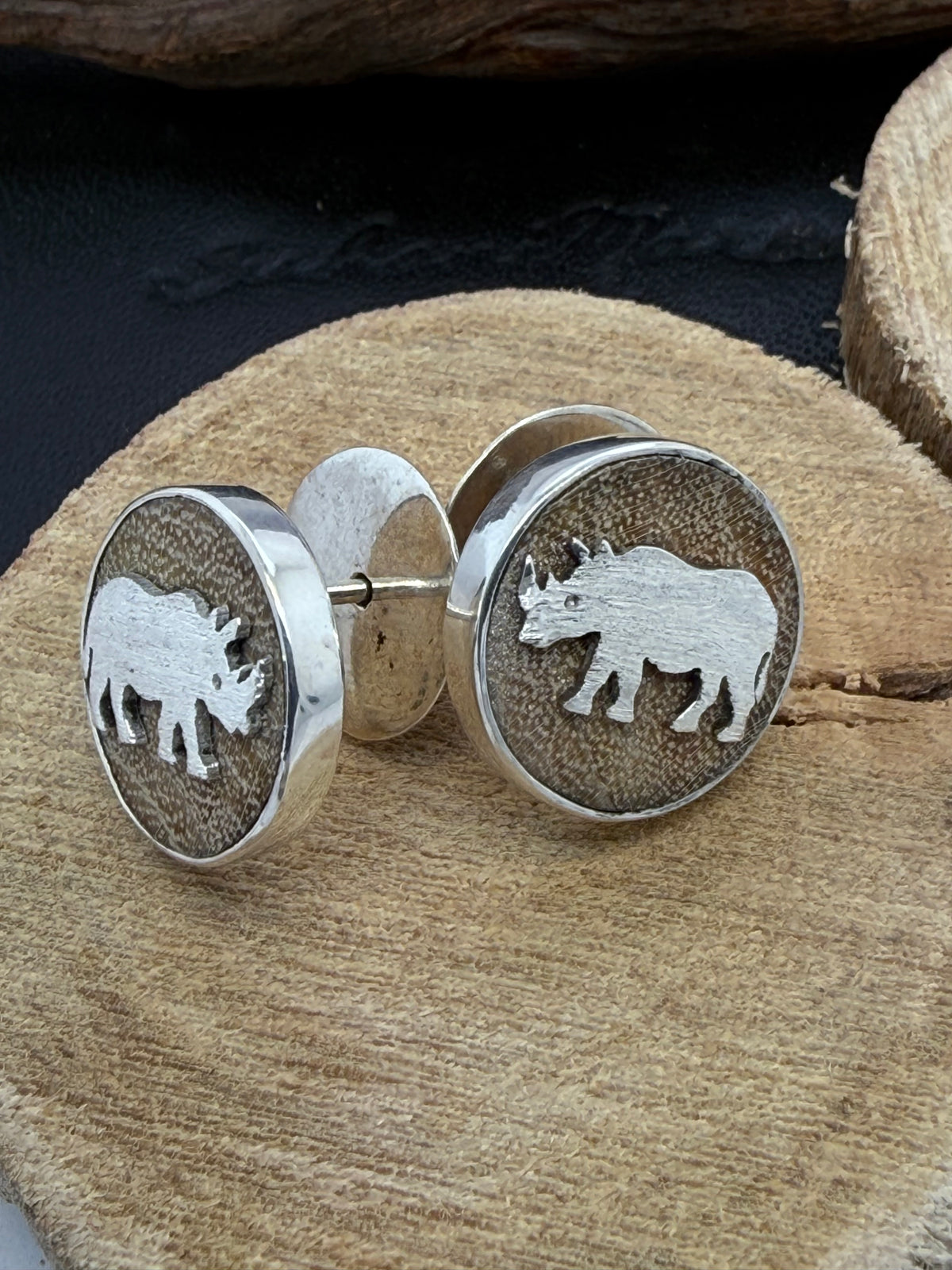 Yellow-Barked Acacia Wood and Sterling Silver Rhino earrings studs