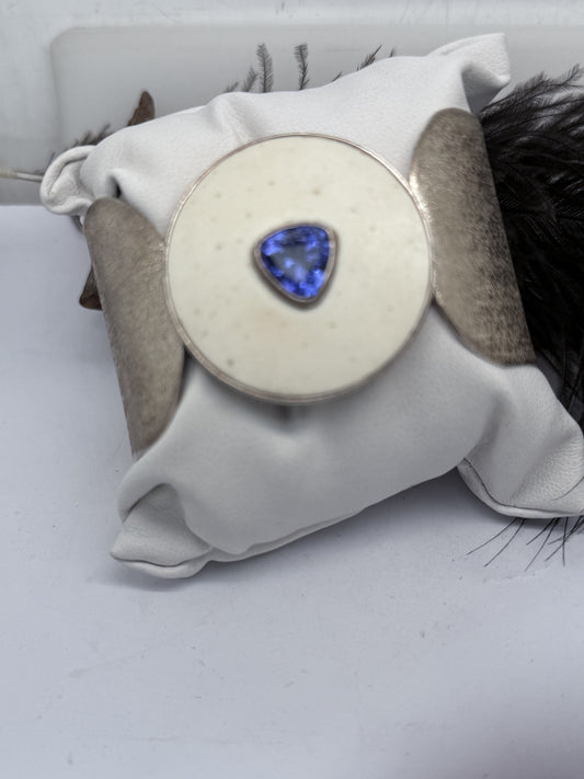 One of a Kind Matte Ostrich Eggshell and Silver Cuff with AAA Tanzanite