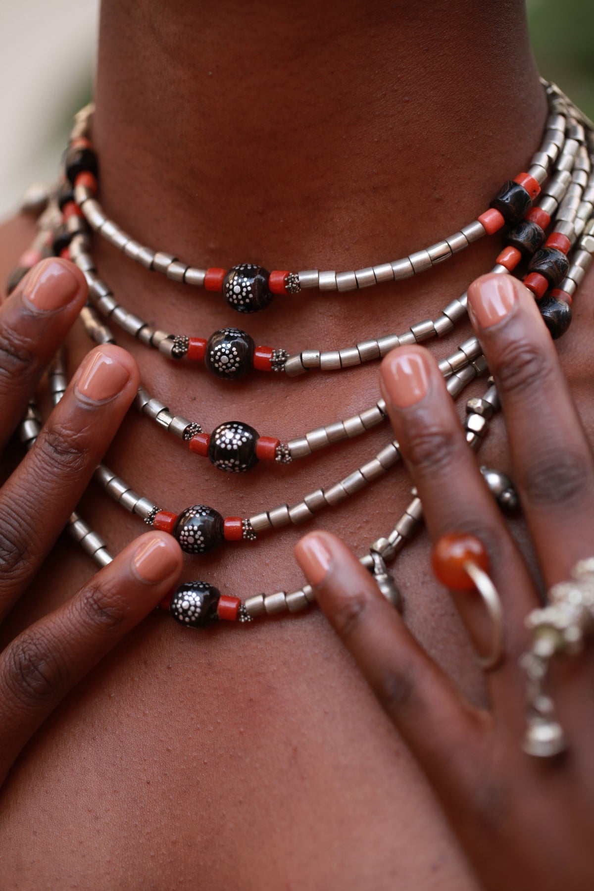 One of a Kind Echoes Necklace with Upcycled Antique Silver, Black Coral and Red Coral