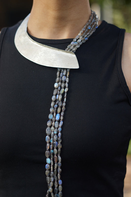 One of a Kind Matte Geometric Silver Necklace with Labradorite Beads