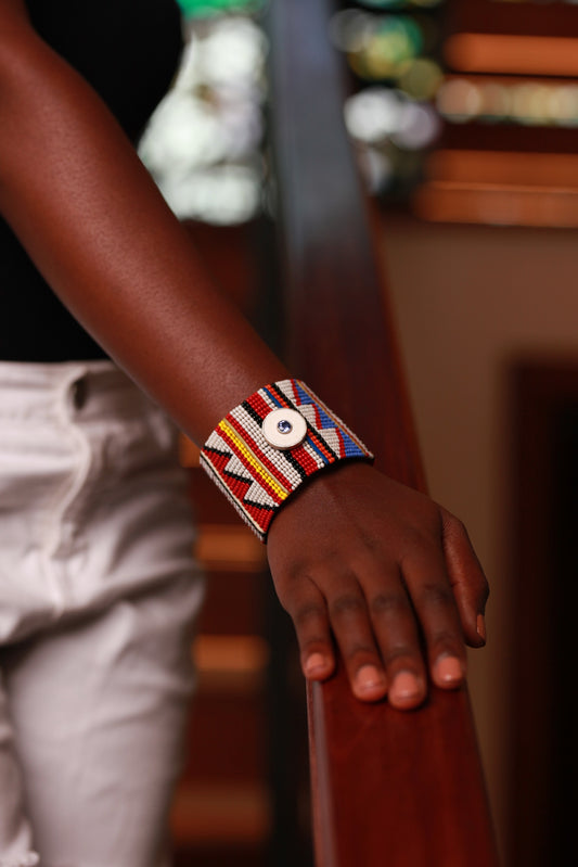 One of a Kind Ostrich Eggshell Bracelet with Maasai Beads, Silver and Tanzanite