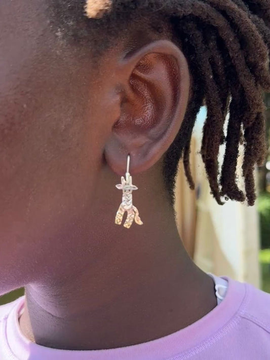 Sterling Silver handout and hand engraved mobile Giraffe Earrings (Small)