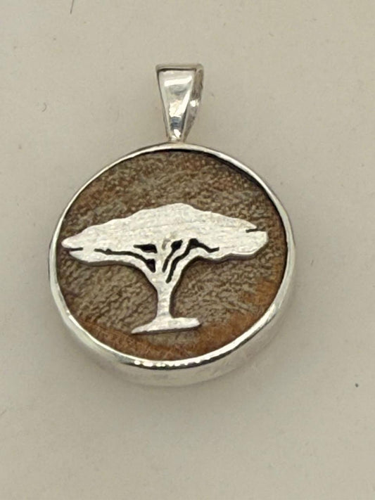 Sterling Silver hand cut Acacia tree on Acacia wood pendant.