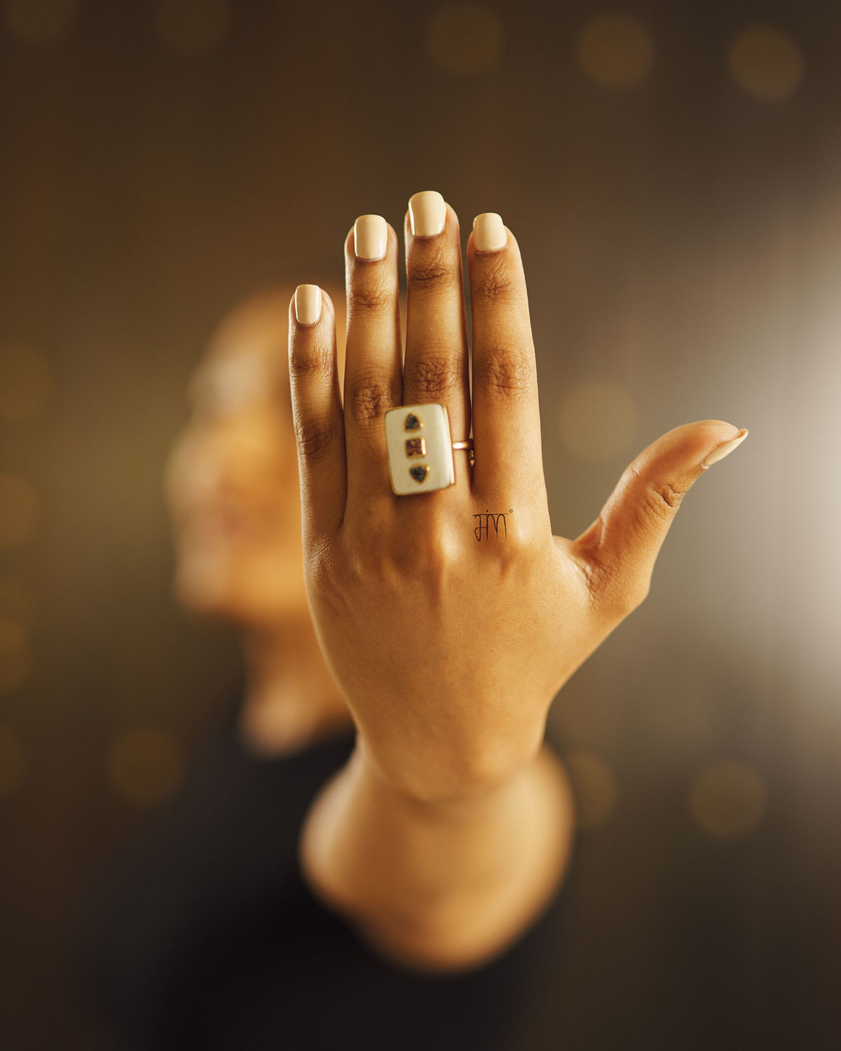 Suhani Gold Ostrich Eggshell Three-Stone Ring in 18K Gold