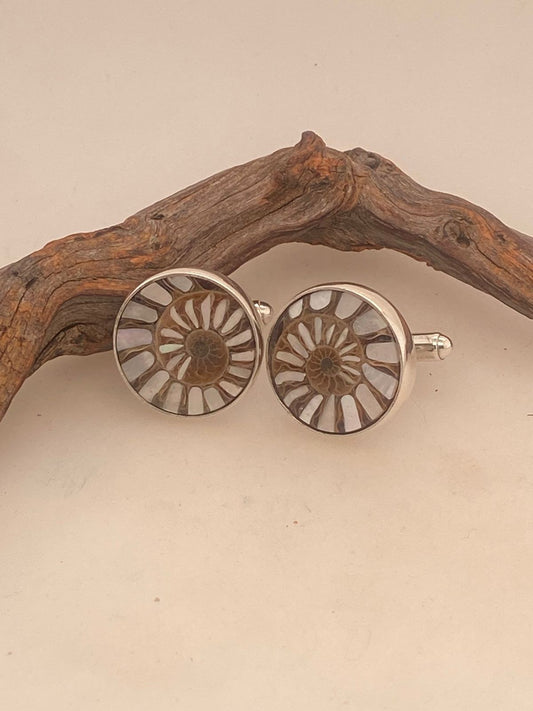 Fossil Ammonite Earrings with Abalone Inlay and Tsavorite