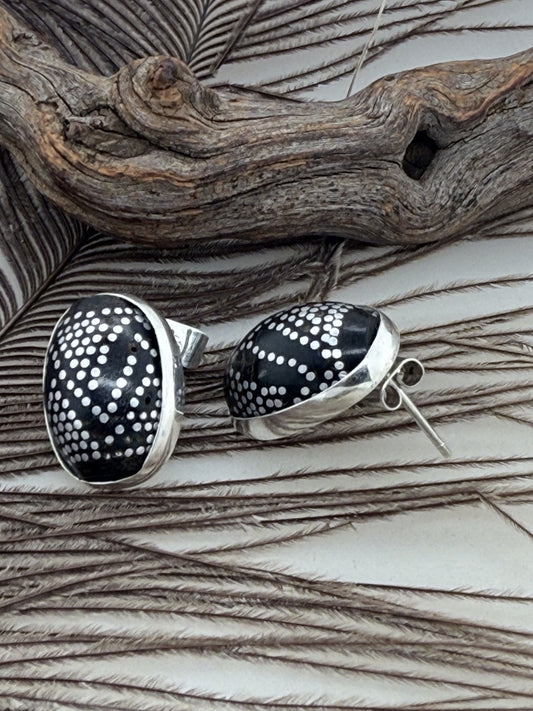 Echoes of Time Earrings with Antique Black Coral and Silver Inlay