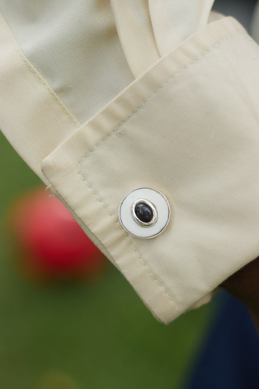 Sterling Silver Ostrich Eggshell Cufflinks with Black Sapphire