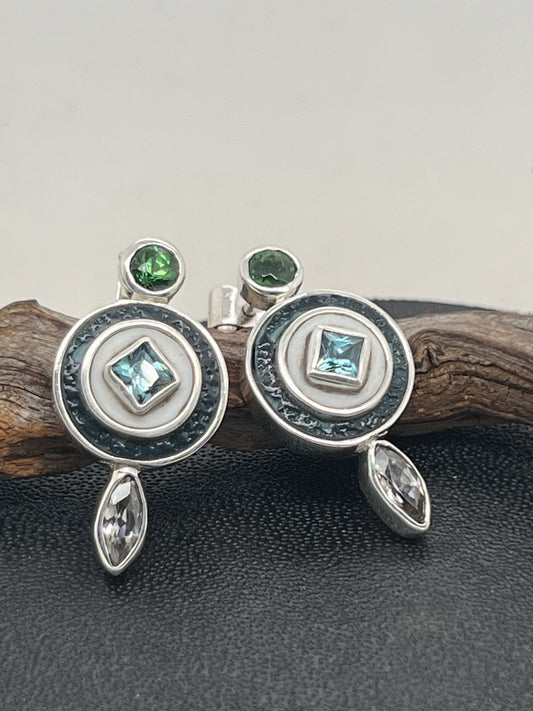 Sterling Silver Emu and Ostrich Eggshell Earrings with stones.