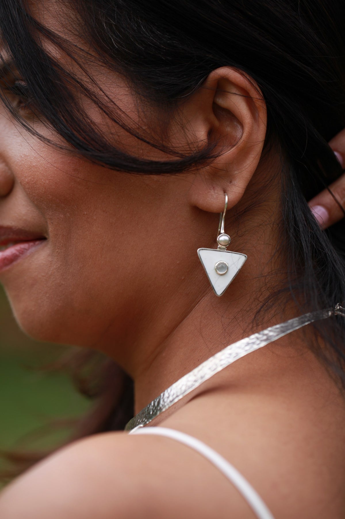 Sterling Silver Ostrich Eggshell Earrings with Stone