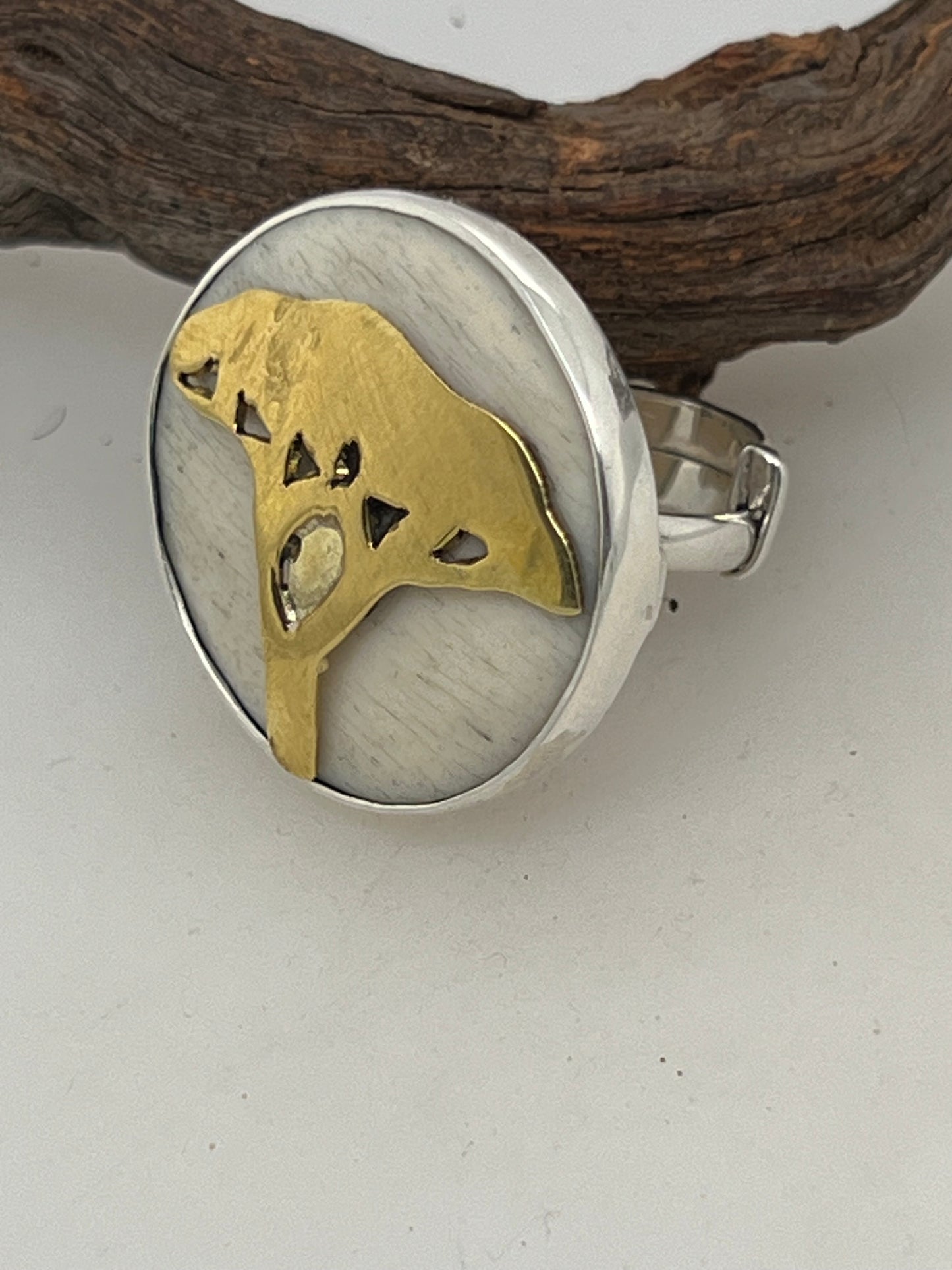 Sterling Silver adjustable ring with Brass Acacia and Bone