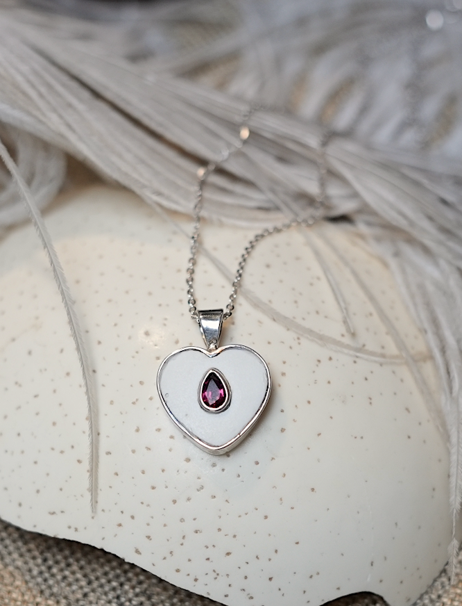 Sterling Silver Ostrich Eggshell Heart Pendant with Garnet