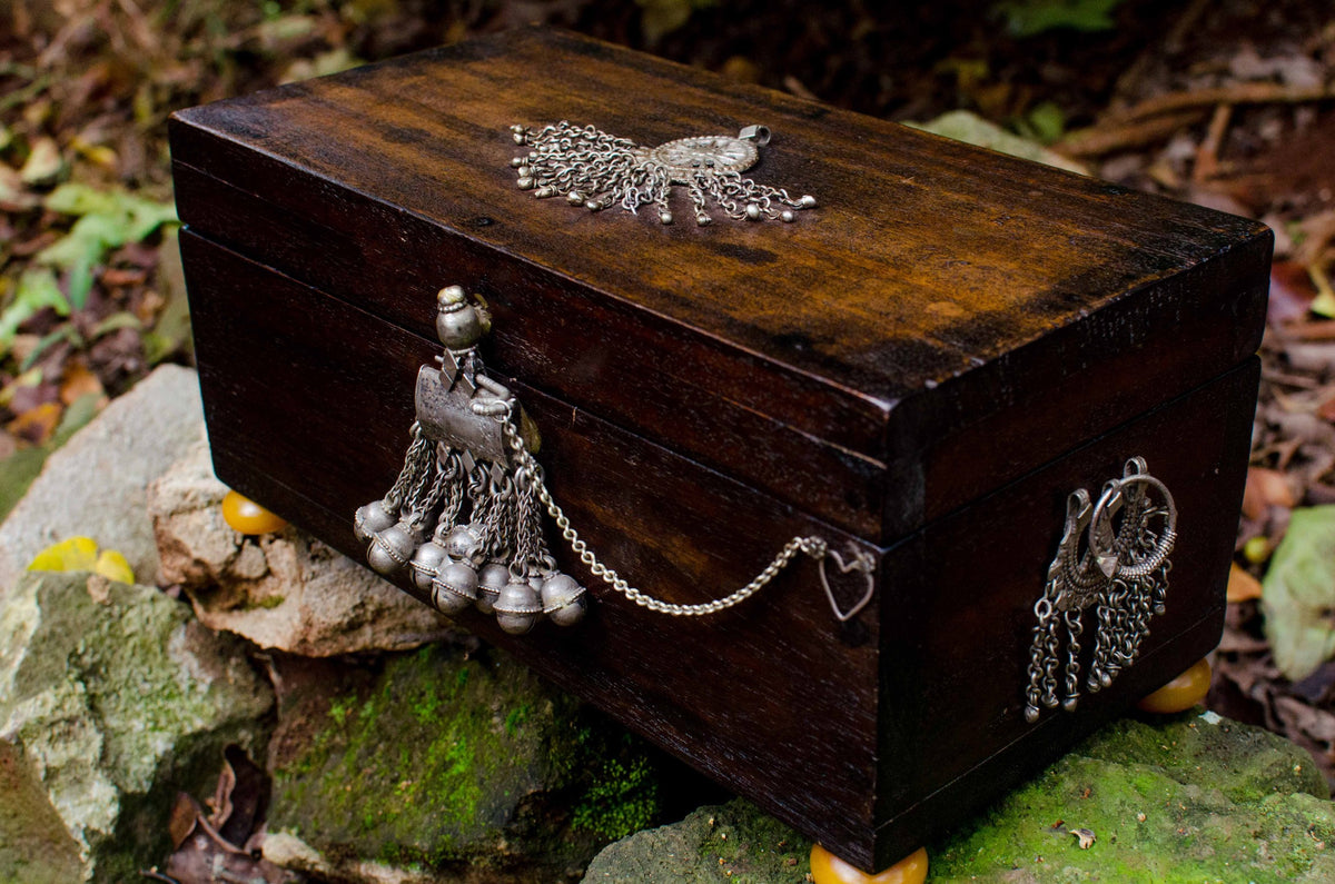 The Bespoke Atelier Wooden Jewellery Box with Upcycled Silver, Amber and Hidden Drawers