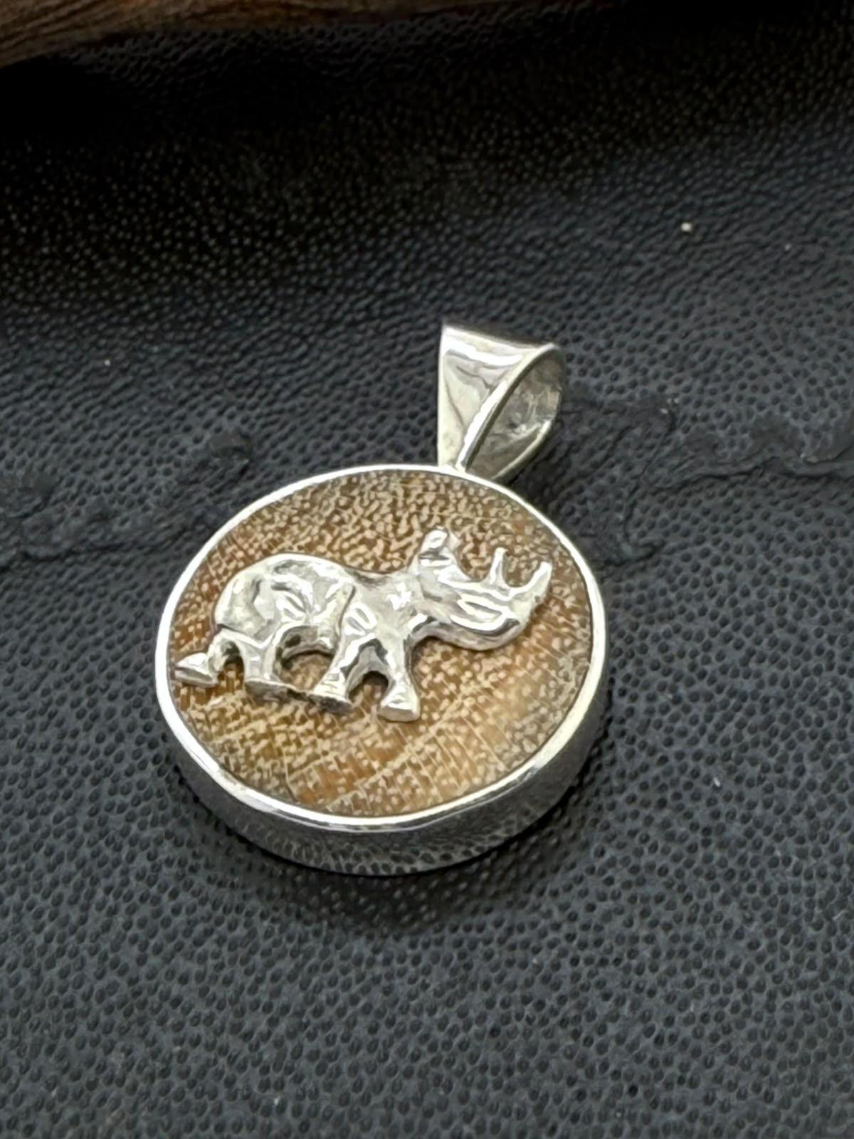 Yellow Bark Acacia Wood Sterling Silver Rhino pendant